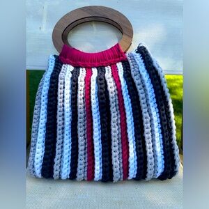 Handmade Stitched Handbag with Wood Handle, One of a kind